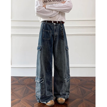 Men Workwear Cargo Jeans New Multi Pocket Loose Straight Leg Baggy Streetwear Denim Pants Urban Casual Trousers 2025 Autumn
